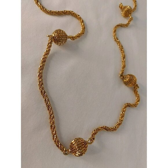 Gold Tone Rope Necklace Twisted Chain with Gold Tone Ball Spheres - Picture 7 of 10